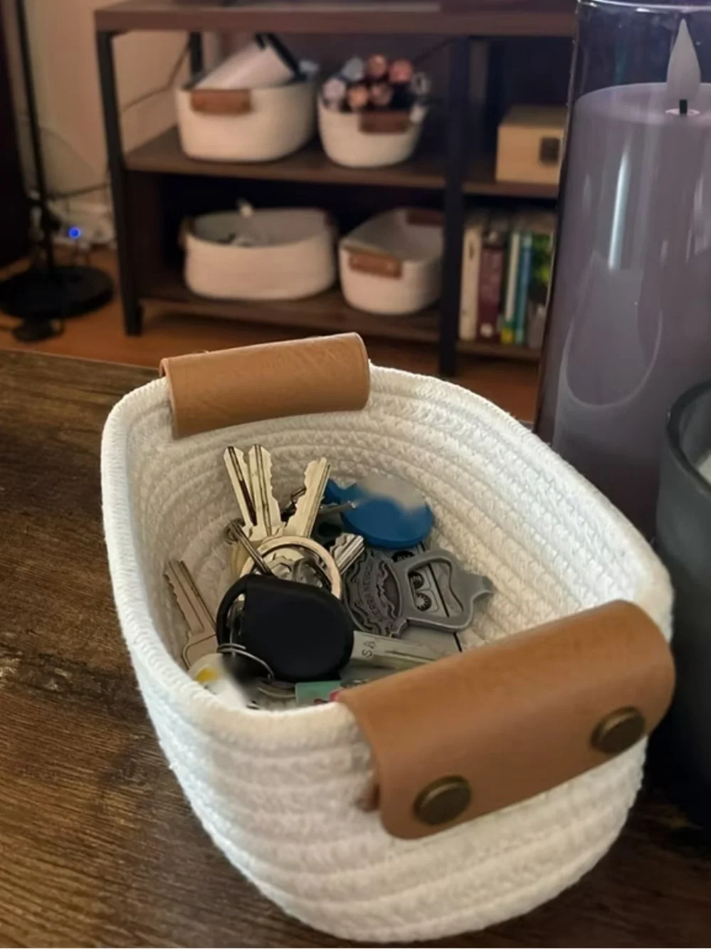 5 PIECE SET NEUTRAL LINEN WOVEN  STORAGE  BASKETS with FAUX LEATHER  HANDLES NIB